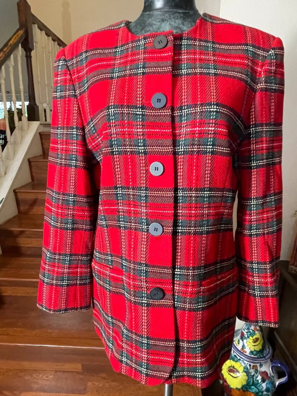 VTG Talbots Wool Tartan Blazer/Jacket Red Green Blk Collarless Made in USA Sz 14